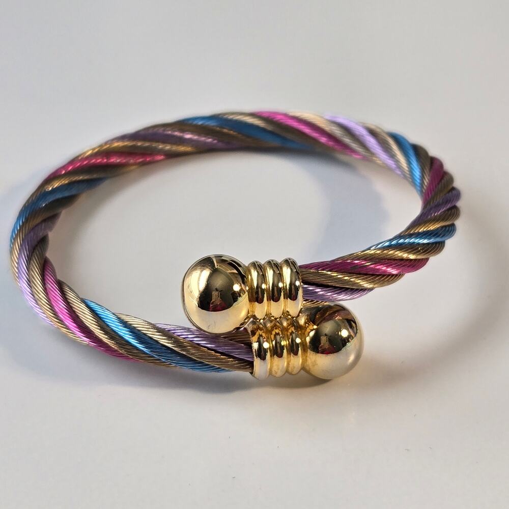Vintage Multi Colored Spiral Twisted Cable Stainless Steel Wire Cuff Bracelet